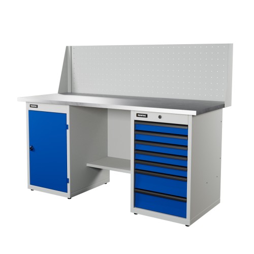 RUNTEC RTI17Z-TI7-TI0-P17-5005(7035) Верстак серии Industrial, 1700 мм, оцинк, тумба с 7-ю ящиками + тумба с дверью, экран 500, синий (светло-серый) RAL 5005