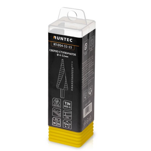 RUNTEC RT-DS4-32-15 Сверло ступенчатое RUNTEC 4-32 мм, 15 ступеней, HSS-TiN RUNTEC RT-DS4-32-15 Сверло ступенчатое RUNTEC 4-32 мм, 15 ступеней, HSS-TiN